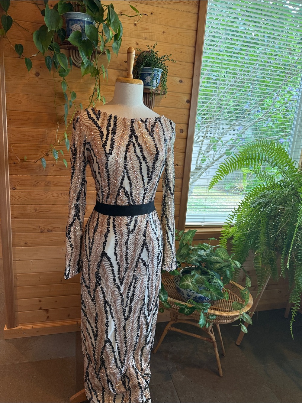 Long Sleeve Sequin Evening Gown - Black & Champagne